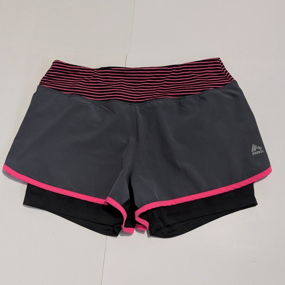 RBX Women's Performance running shorts, gray, black and pink, size S